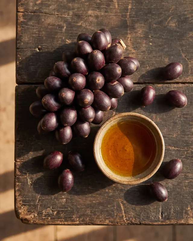 A cluster of dark purple ungurahua palm fruits on weathered wood beside a small stoneware dish of amber oil.