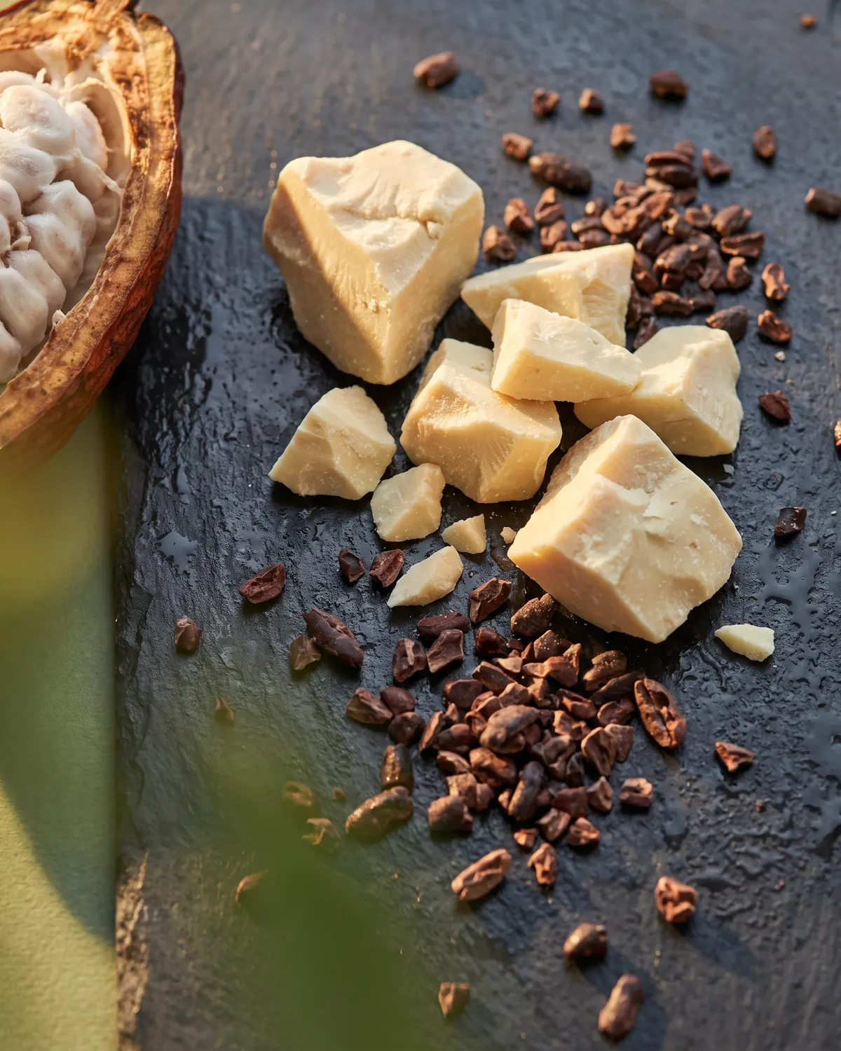 Blocks of pale cacao butter and roasted cacao nibs on wet dark slate, a halved cacao pod at the edge of the frame.