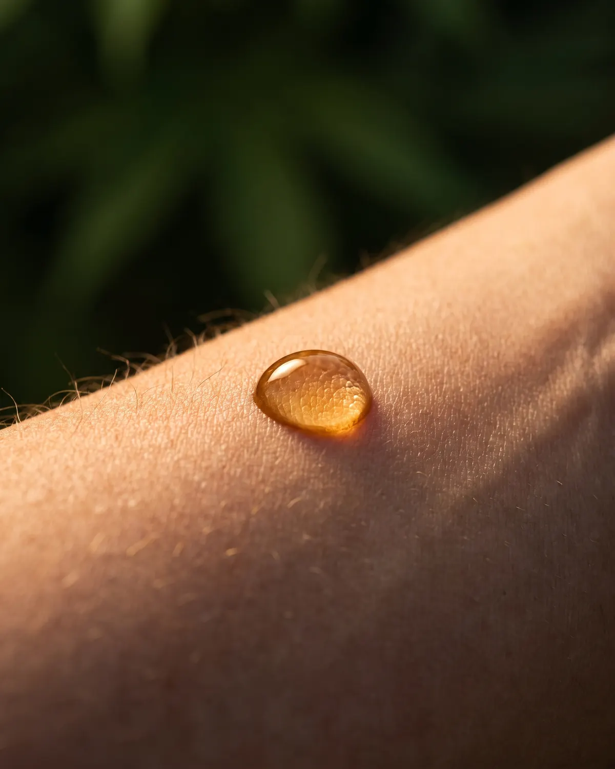 A single amber droplet of botanical oil beading on a forearm, deep green shadow behind it.