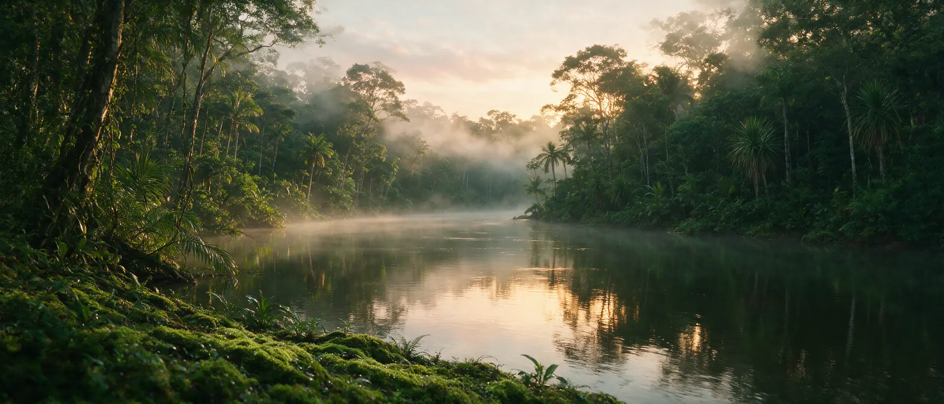 A slow river bend at dawn, mist lying on the water and forest closing in on both banks.