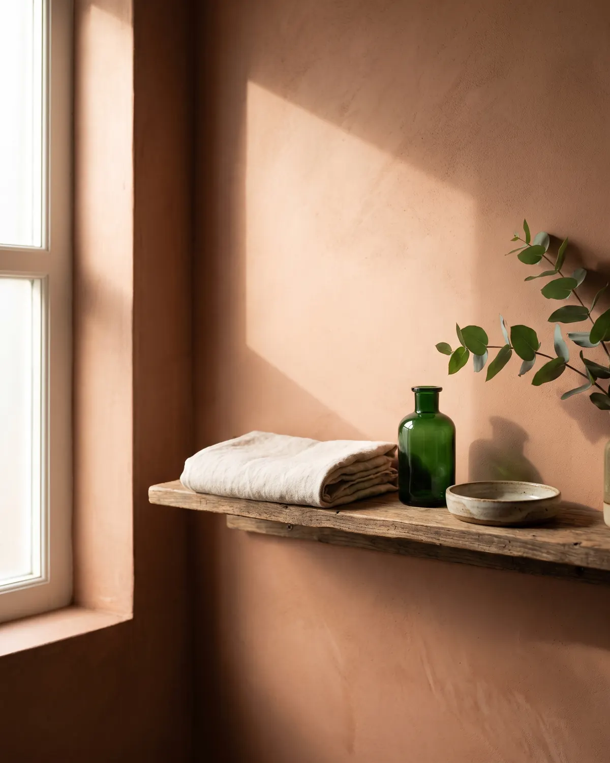 A narrow bathroom shelf in morning light: a folded cream linen towel, a dark green glass bottle, a stoneware dish and a sprig of leaves against a terracotta wall.