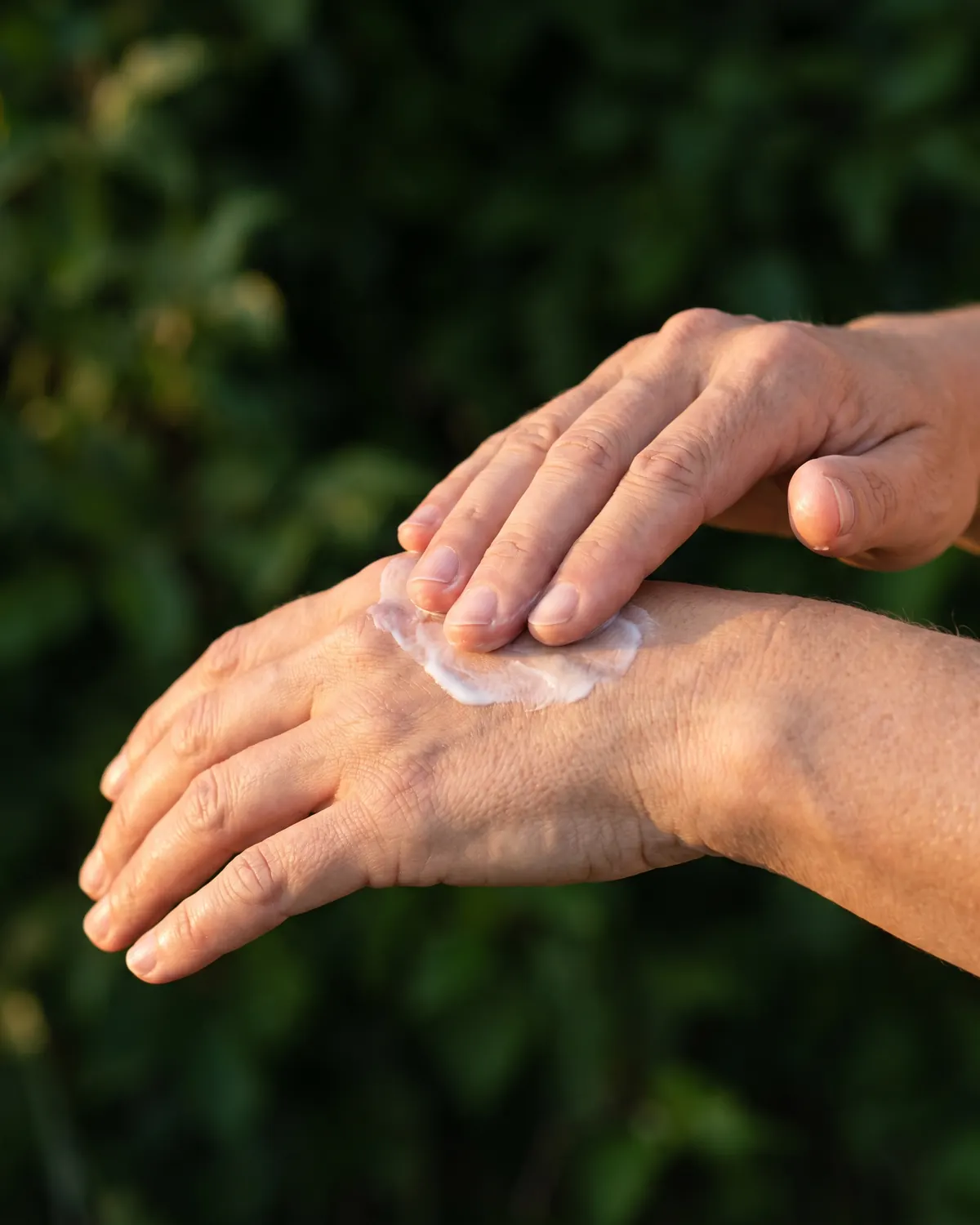 Two hands smoothing cream across the back of one hand, warm side light against deep green leaves.